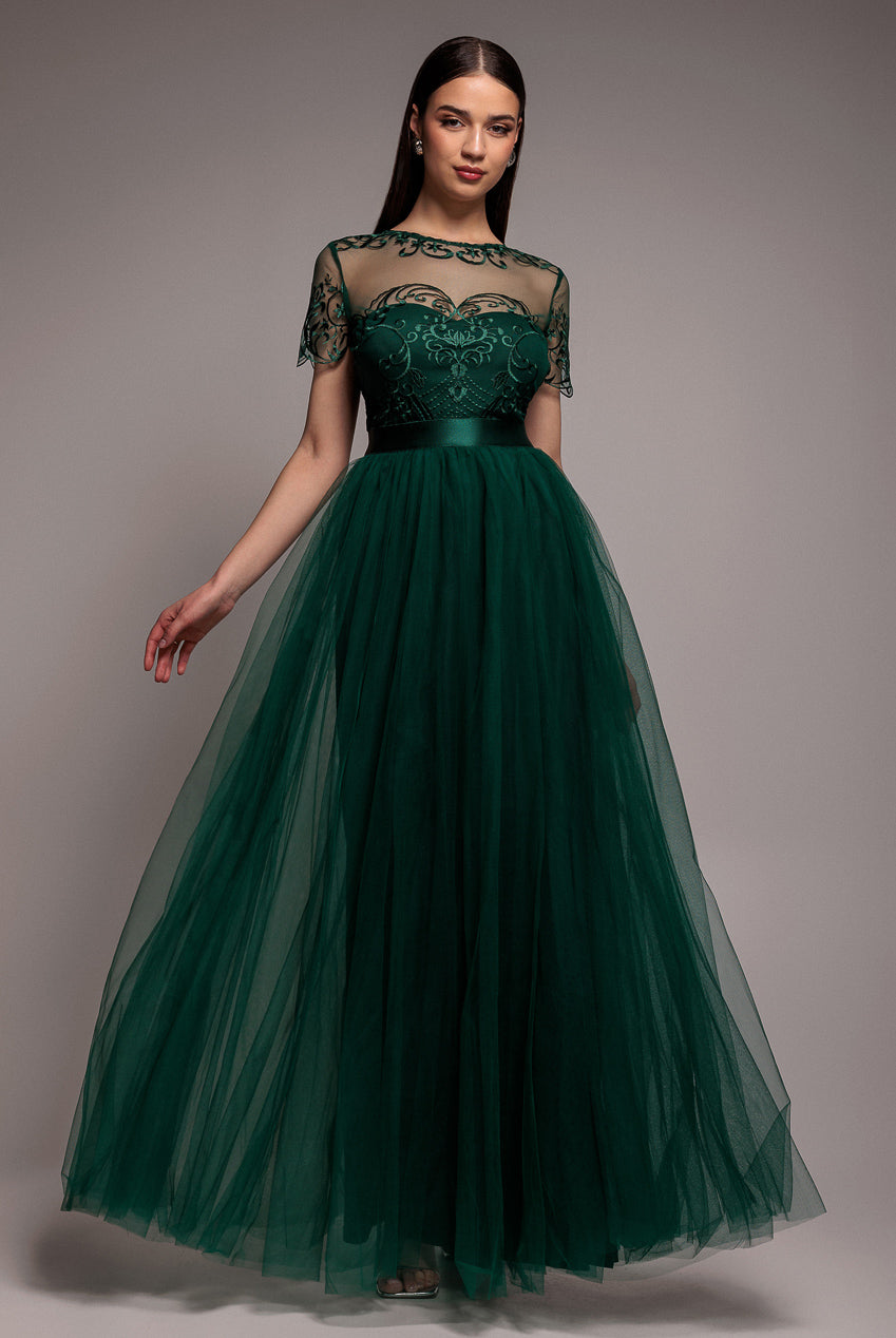 Embroidered Mesh Maxi Dress - Emerald Green DR3584
