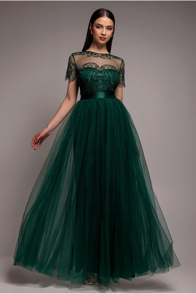 Emerald Green - Embroidered Mesh Maxi Dress - Emerald Green by Goddiva
