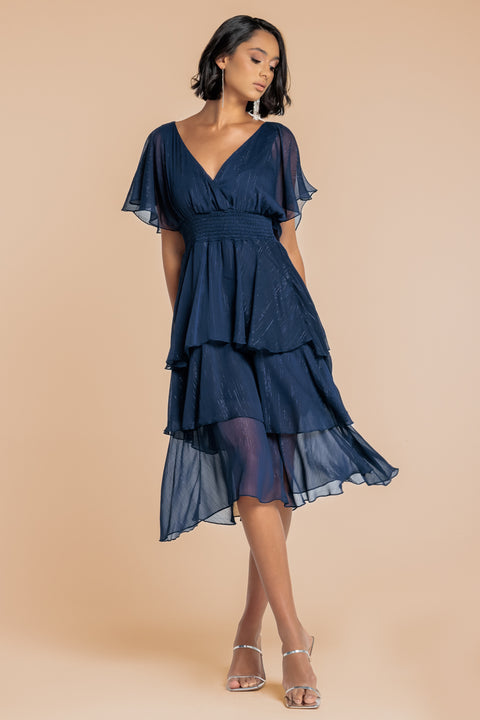 Chiffon Layered Flutter Sleeve Midi Dress - Navy by Goddiva
