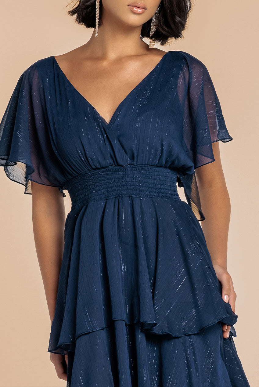 Chiffon Layered Flutter Sleeve Midi Dress - Navy DR3590QZ