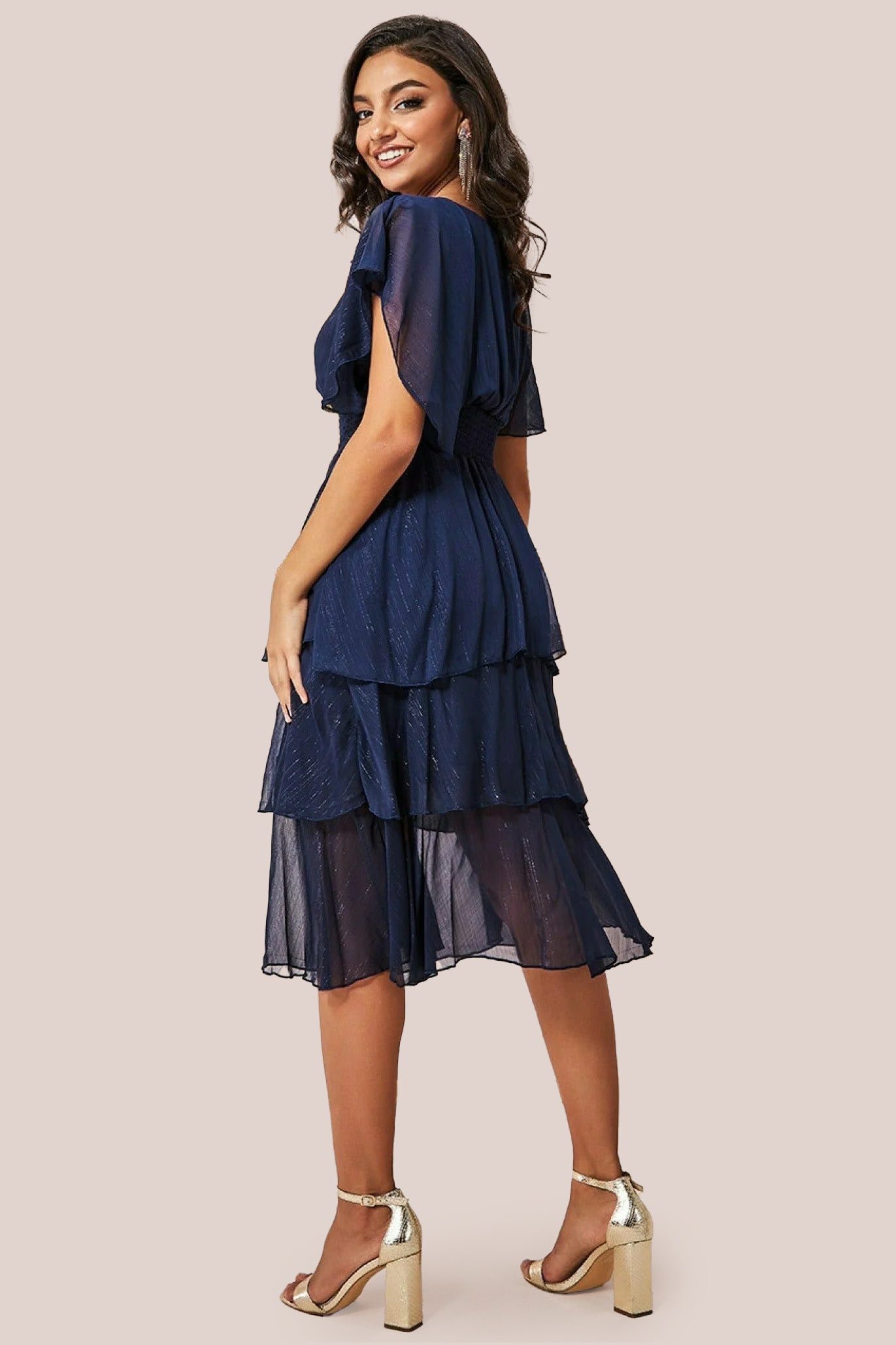 Chiffon Layered Flutter Sleeve Midi Dress - Navy DR3590QZ