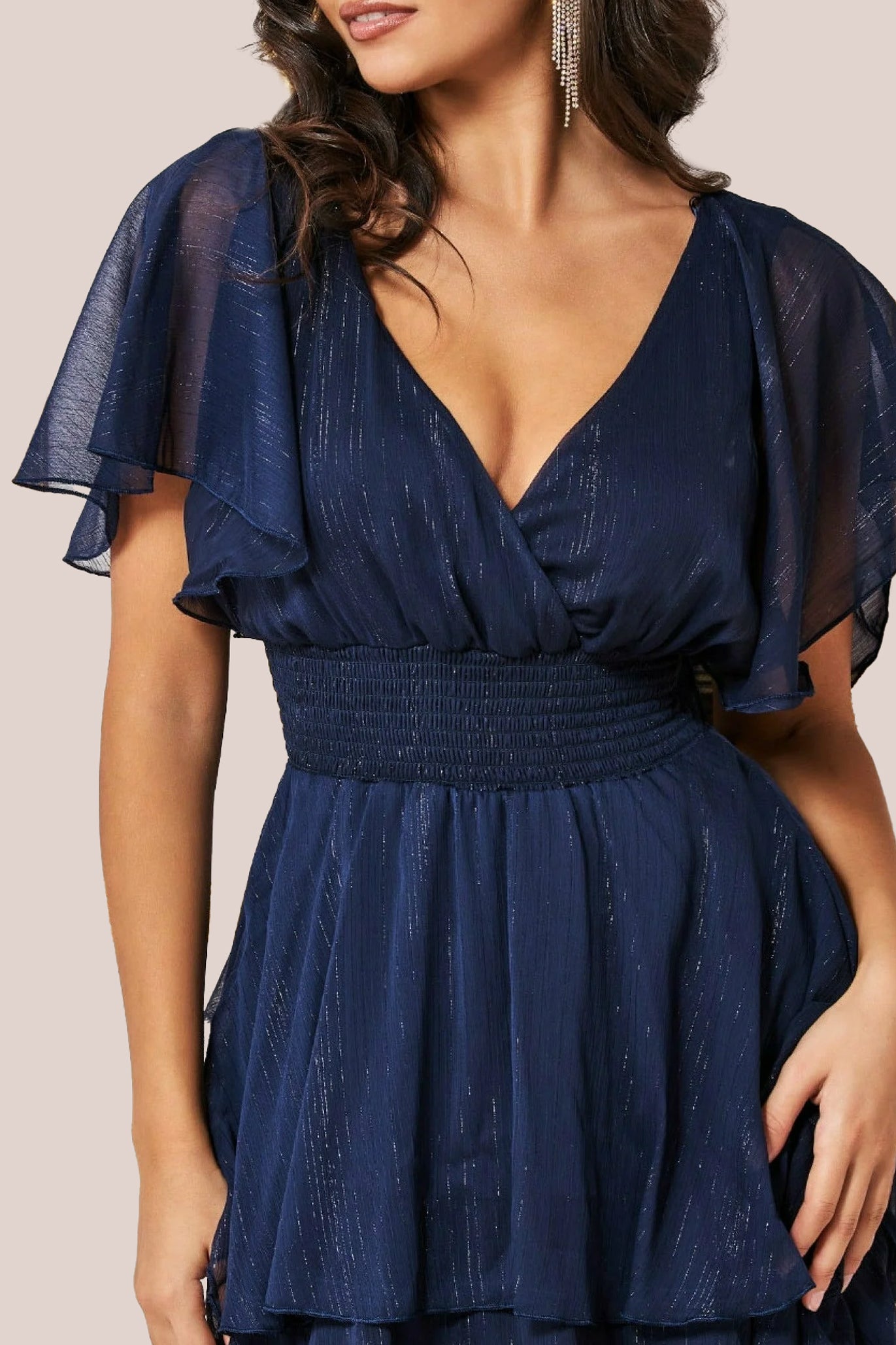 Chiffon Layered Flutter Sleeve Midi Dress - Navy DR3590QZ