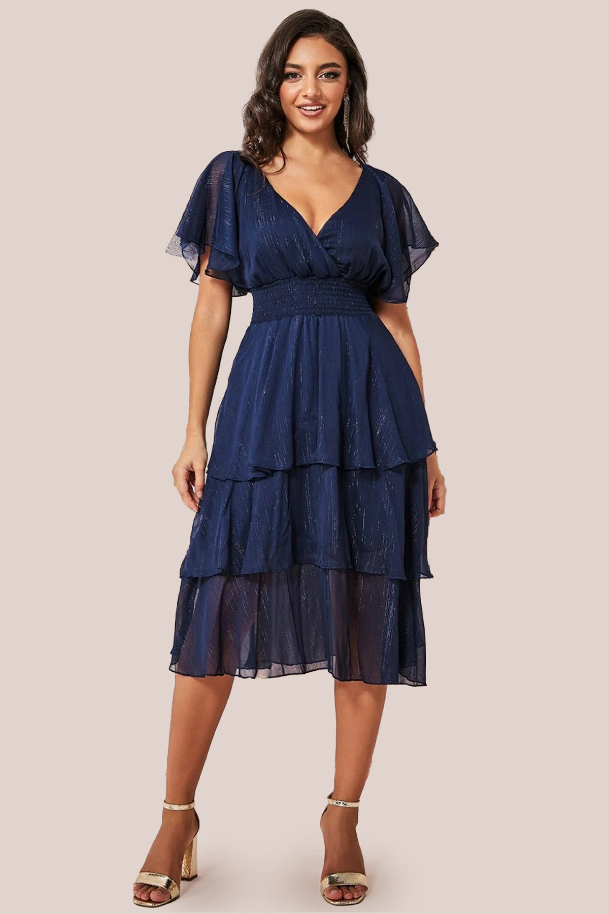 Chiffon Layered Flutter Sleeve Midi Dress - Navy DR3590QZ