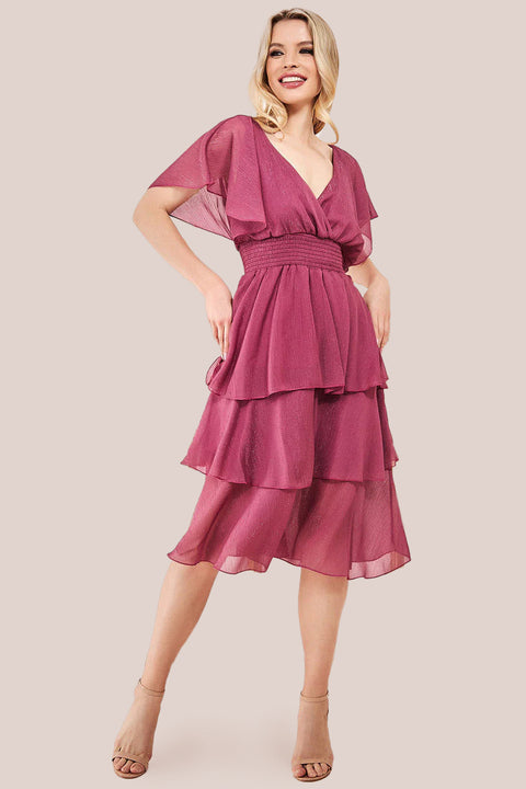 Chiffon Layered Flutter Sleeve Midi Dress - Pink DR3590QZ