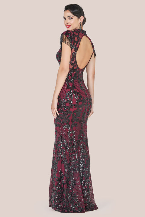 Embroidered Sequin Beaded Cap Sleeve Maxi - Burgundy DR3591