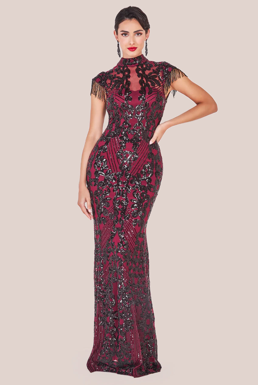 Embroidered Sequin Beaded Cap Sleeve Maxi - Burgundy DR3591