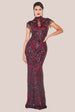 Goddiva Embroidered Sequin Beaded Cap Sleeve Maxi - Burgundy