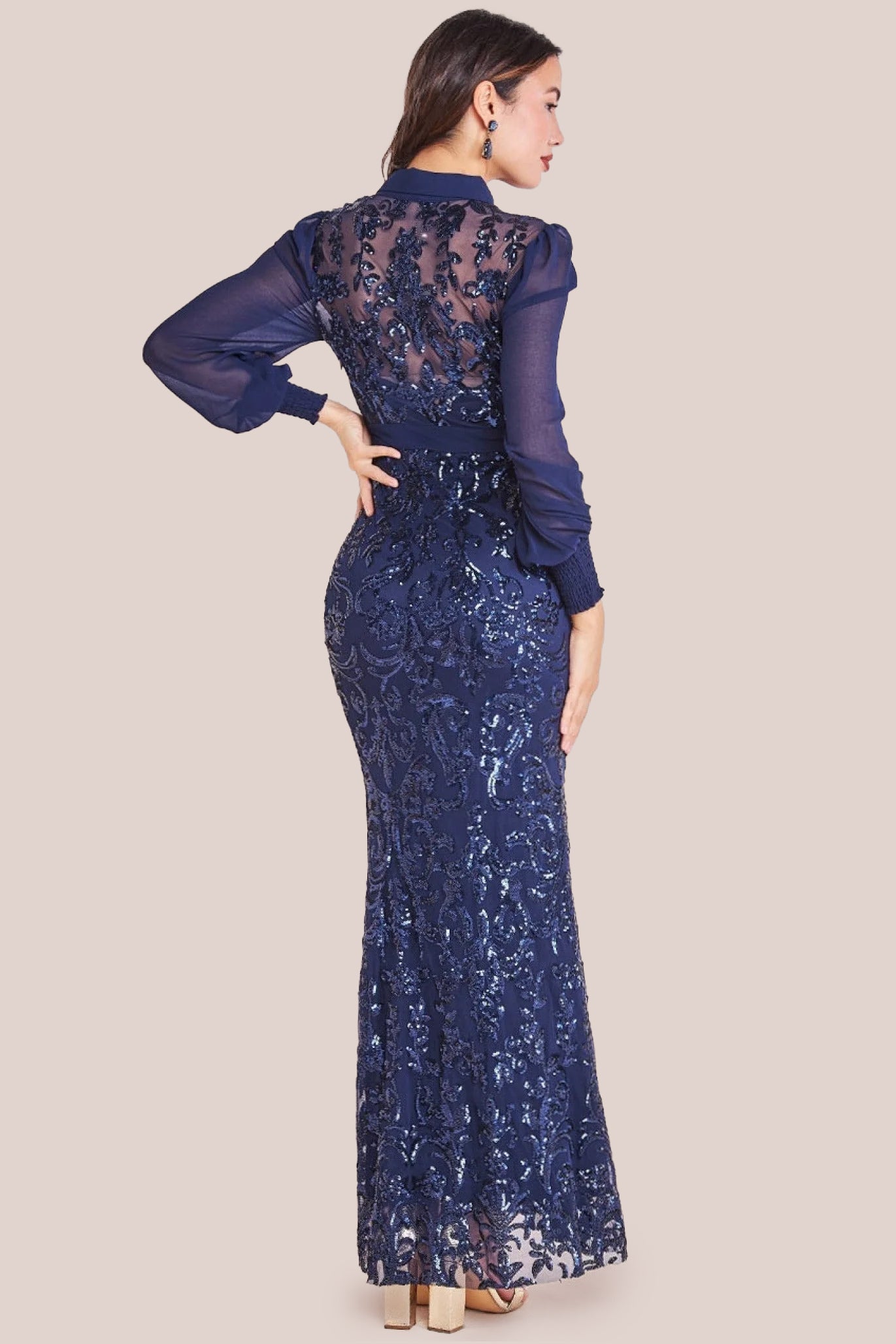 Sequin Mesh Shirt Maxi Chiffon Sleeves - Navy DR3596