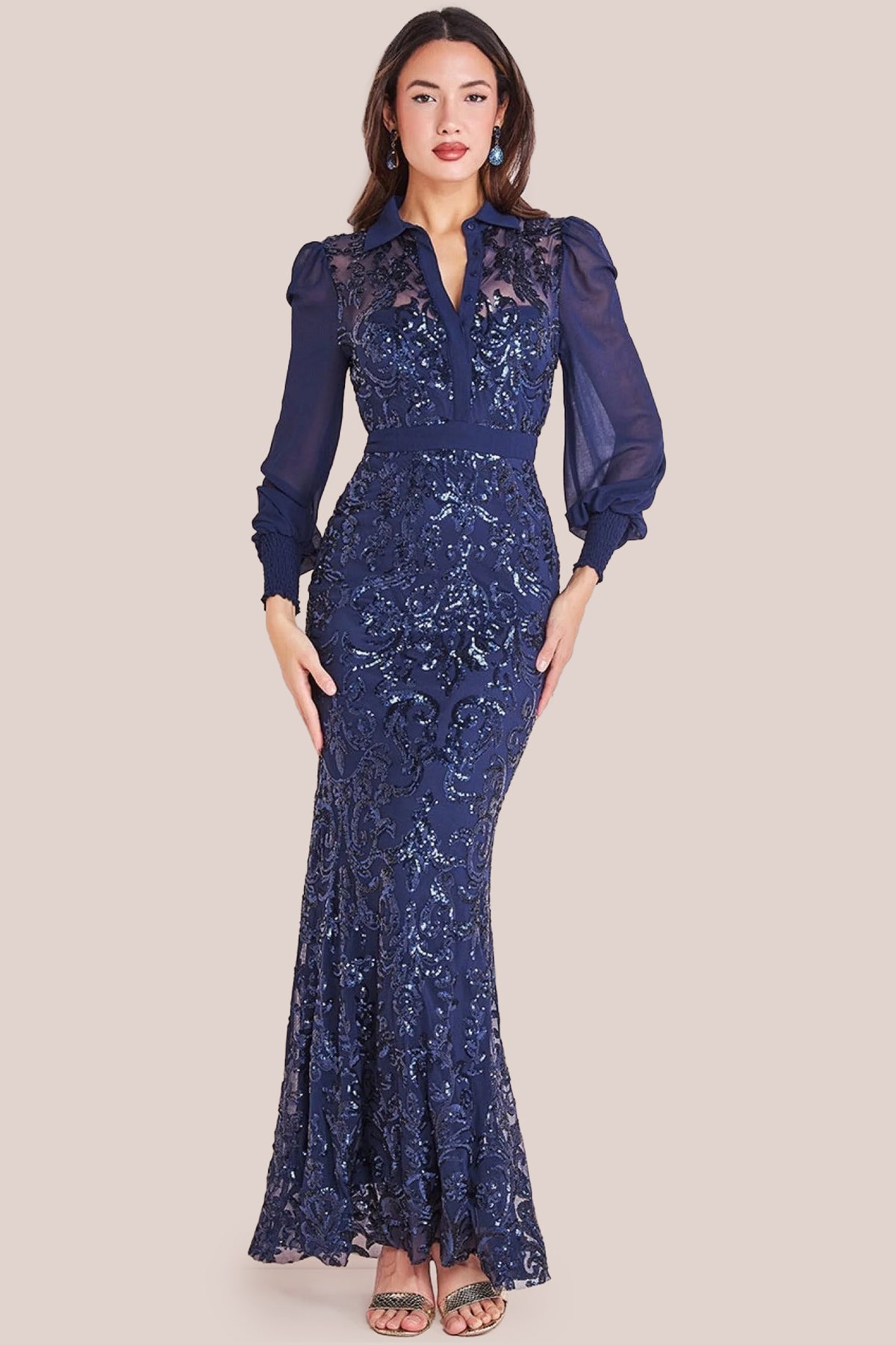 Sequin Mesh Shirt Maxi Chiffon Sleeves - Navy DR3596