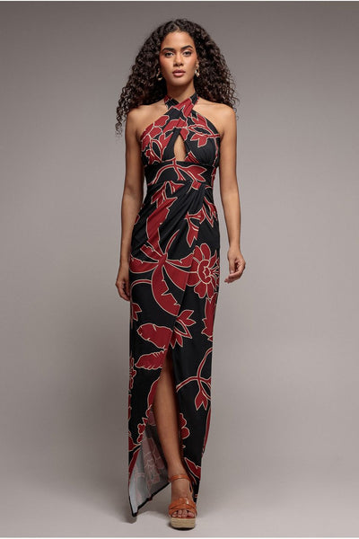 Printed Crossover Maxi Dress - Black by Goddiva