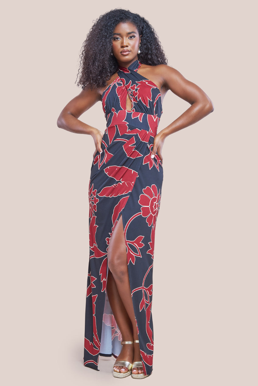 Printed Crossover Maxi Dress - Black DR3602