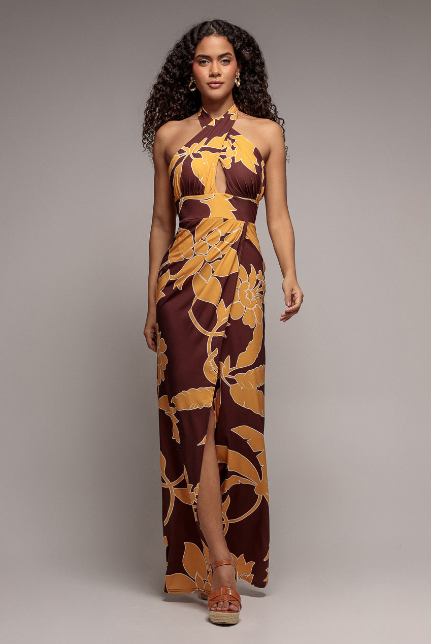 Printed Crossover Maxi Dress - Brown