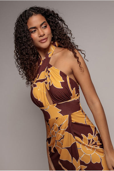 Printed Crossover Maxi Dress - Brown by Goddiva
