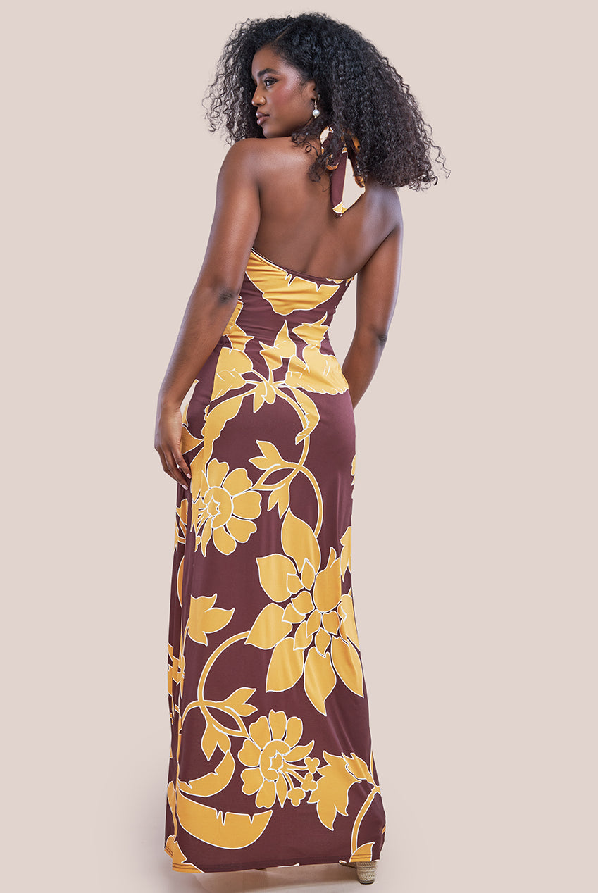 Printed Crossover Maxi Dress - Brown DR3602