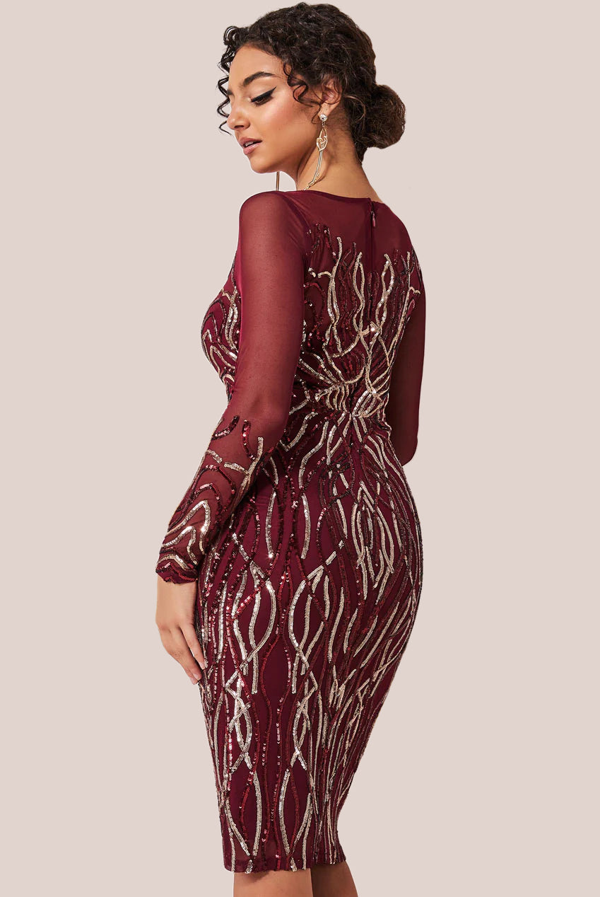 Long Sleeve Sequin Flame Midi Dress - Wine DR3605