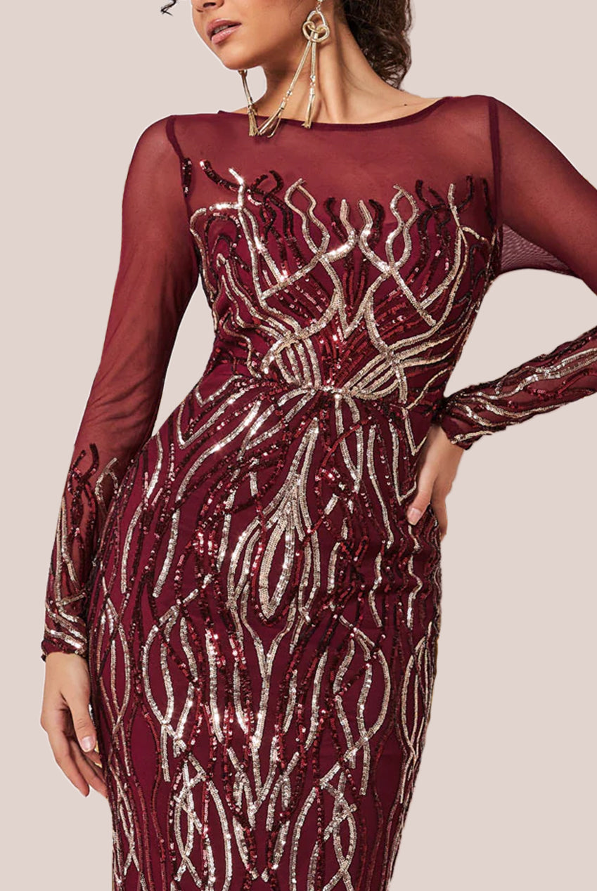 Long Sleeve Sequin Flame Midi Dress - Wine DR3605