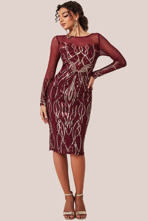 Long Sleeve Sequin Flame Midi Dress - Wine DR3605