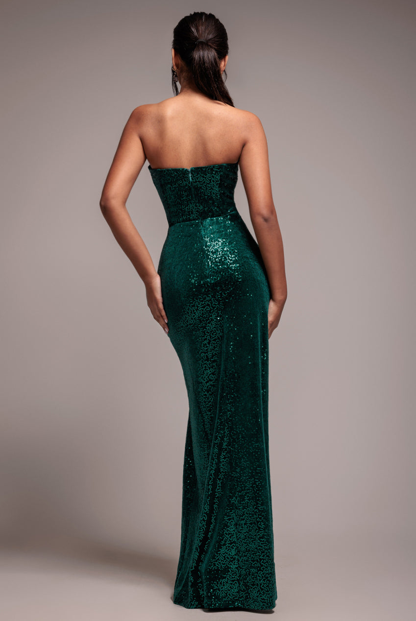 Sequin Velvet Bandeau Maxi Dress - Emerald Green DR3610