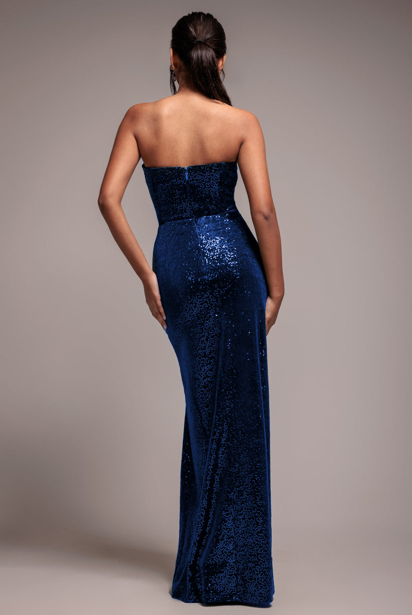 Sequin Velvet Bandeau Maxi Dress - Navy DR3610