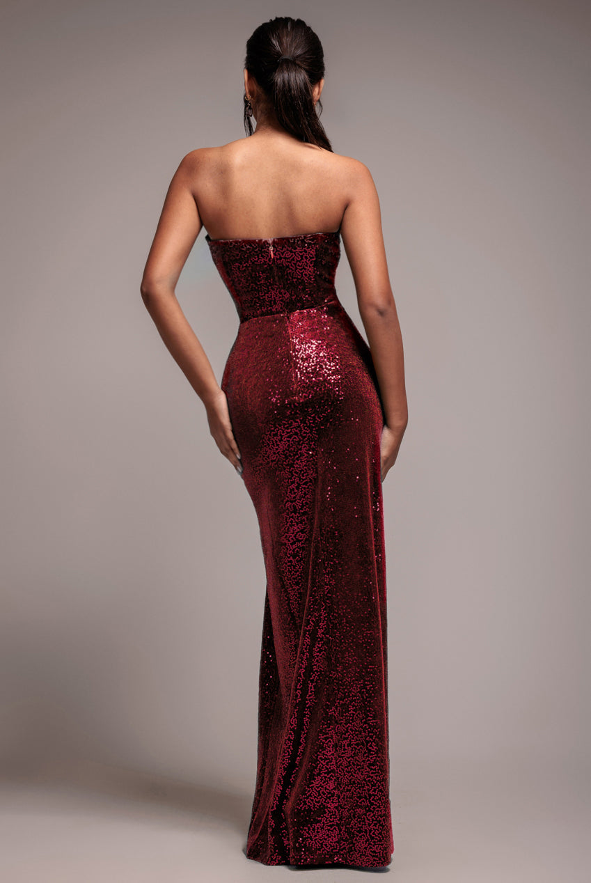 Sequin Velvet Bandeau Maxi Dress - Wine DR3610