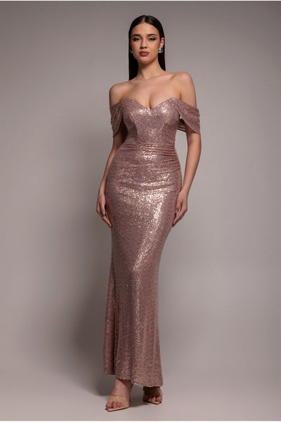 Champagne - Off The Shoulder Sequin Wing Maxi Dress - Champagne by Goddiva
