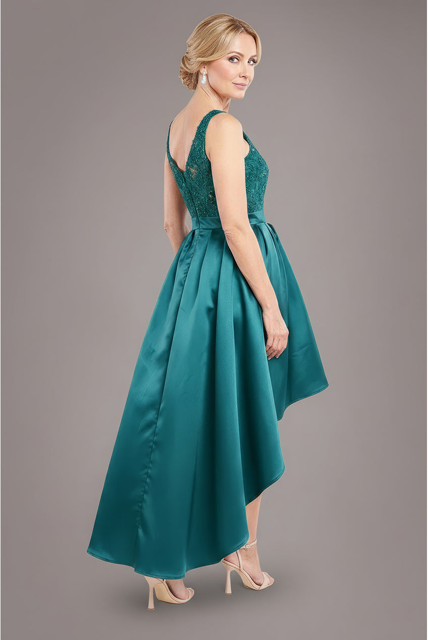 Sequin & Satin Dipped Hem Midi Dress - Emerald Green DR3621M