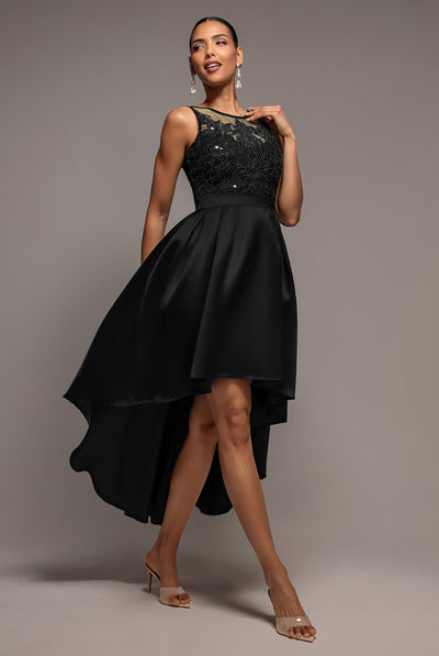 Sequin & Satin Dipped Hem Midi Dress - Black by Goddiva