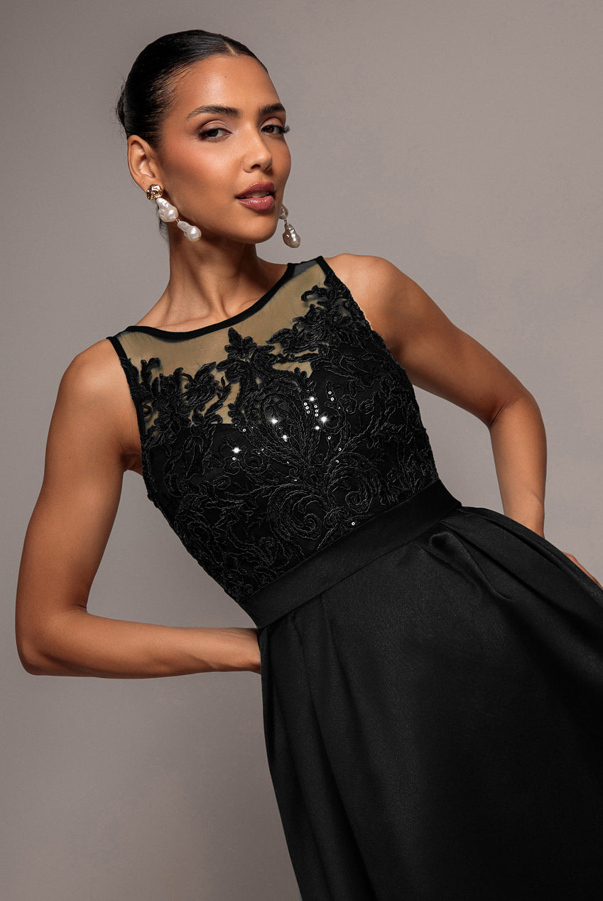 Sequin & Satin Dipped Hem Midi Dress - Black DR3621