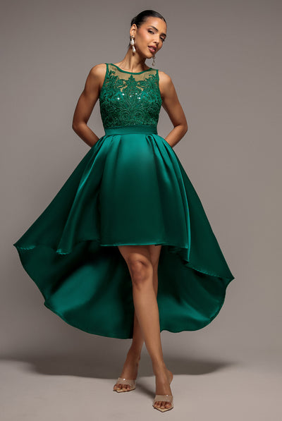 Sequin & Satin Dipped Hem Midi Dress - Emerald by Goddiva