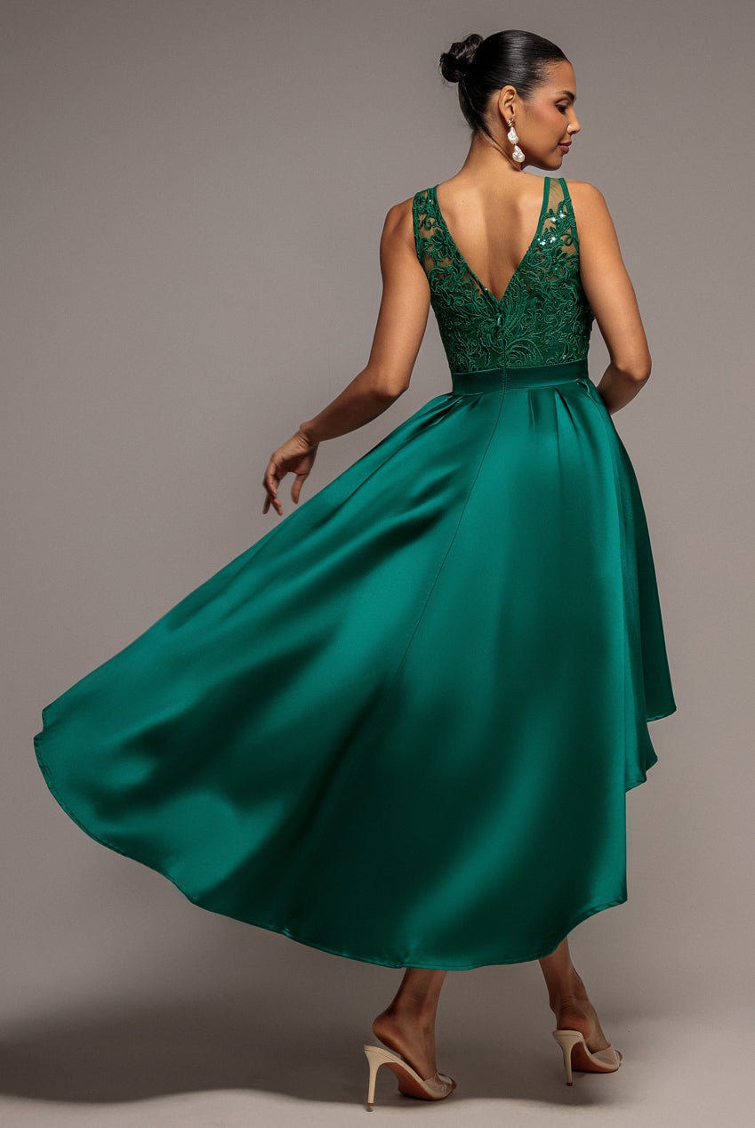 Sequin & Satin Dipped Hem Midi Dress - Emerald DR3621