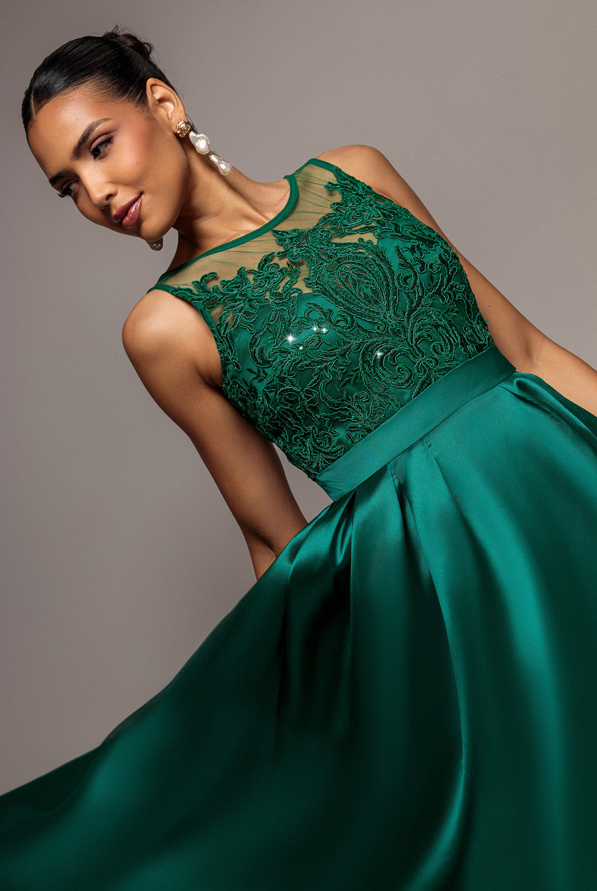 Sequin & Satin Dipped Hem Midi Dress - Emerald DR3621