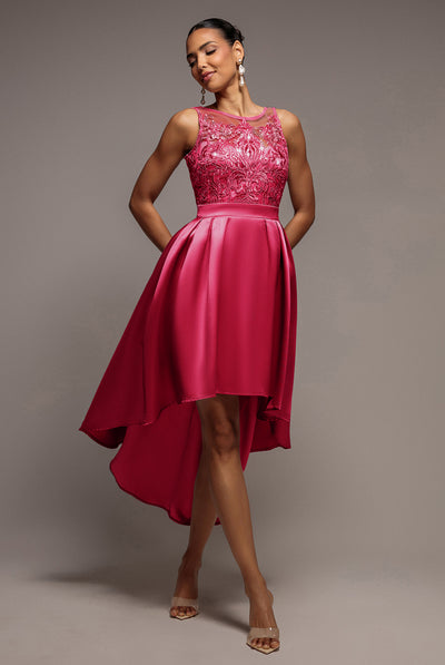 Sequin & Satin Dipped Hem Midi  - Hot Pink by Goddiva