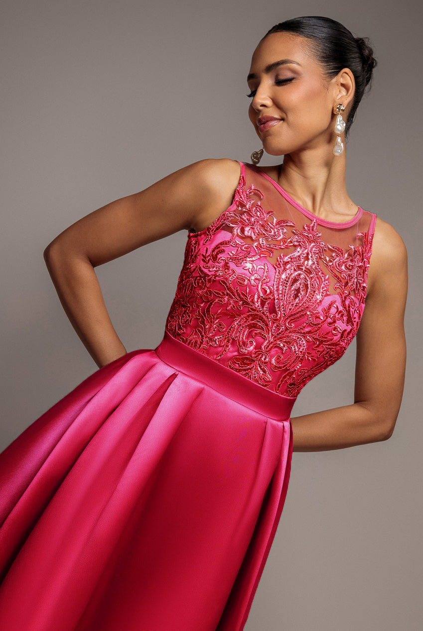 Sequin & Satin Dipped Hem Midi  - Hot Pink DR3621