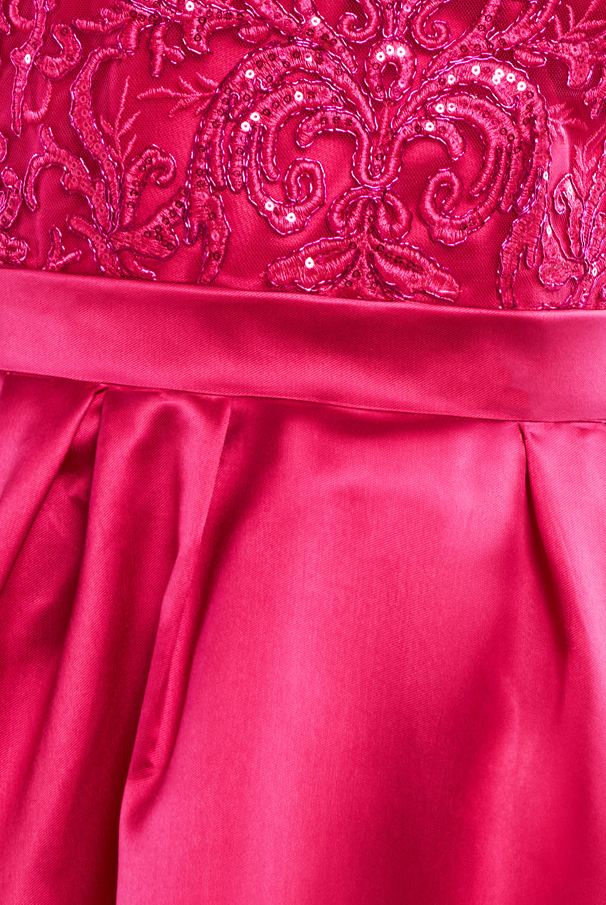 Sequin & Satin Dipped Hem Midi  - Hot Pink DR3621