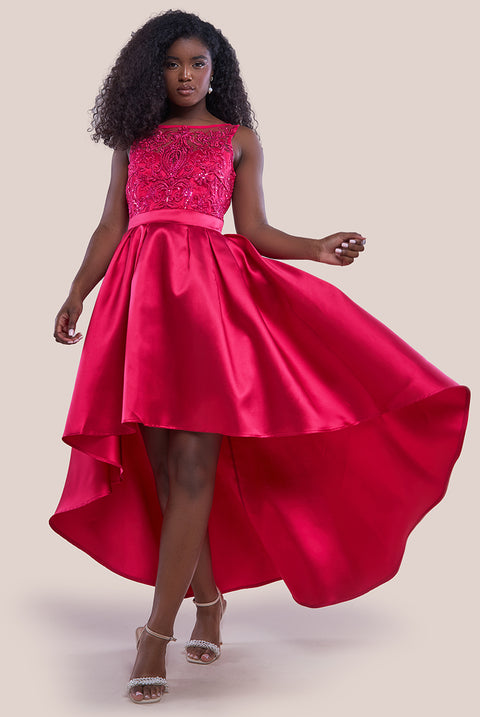 Sequin & Satin Dipped Hem Midi  - Hot Pink DR3621