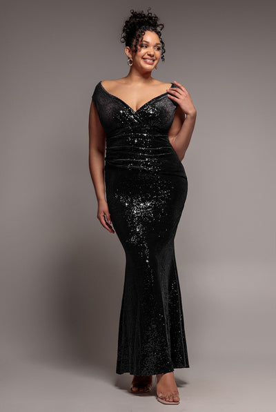 Black - Sequin & Velvet Bardot Maxi Dress - Black by Goddiva Plus