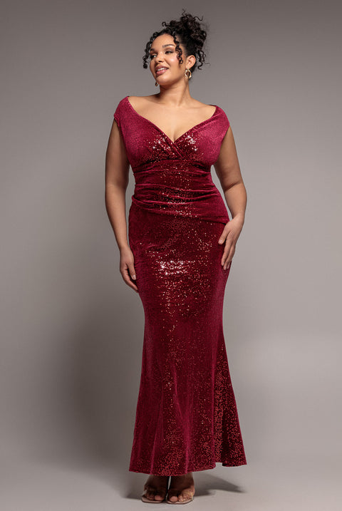 Sequin & Velvet Bardot Maxi Dress - Wine by Goddiva Plus