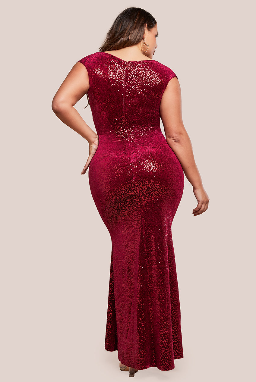 Sequin & Velvet Bardot Maxi Dress - Wine DR3623P