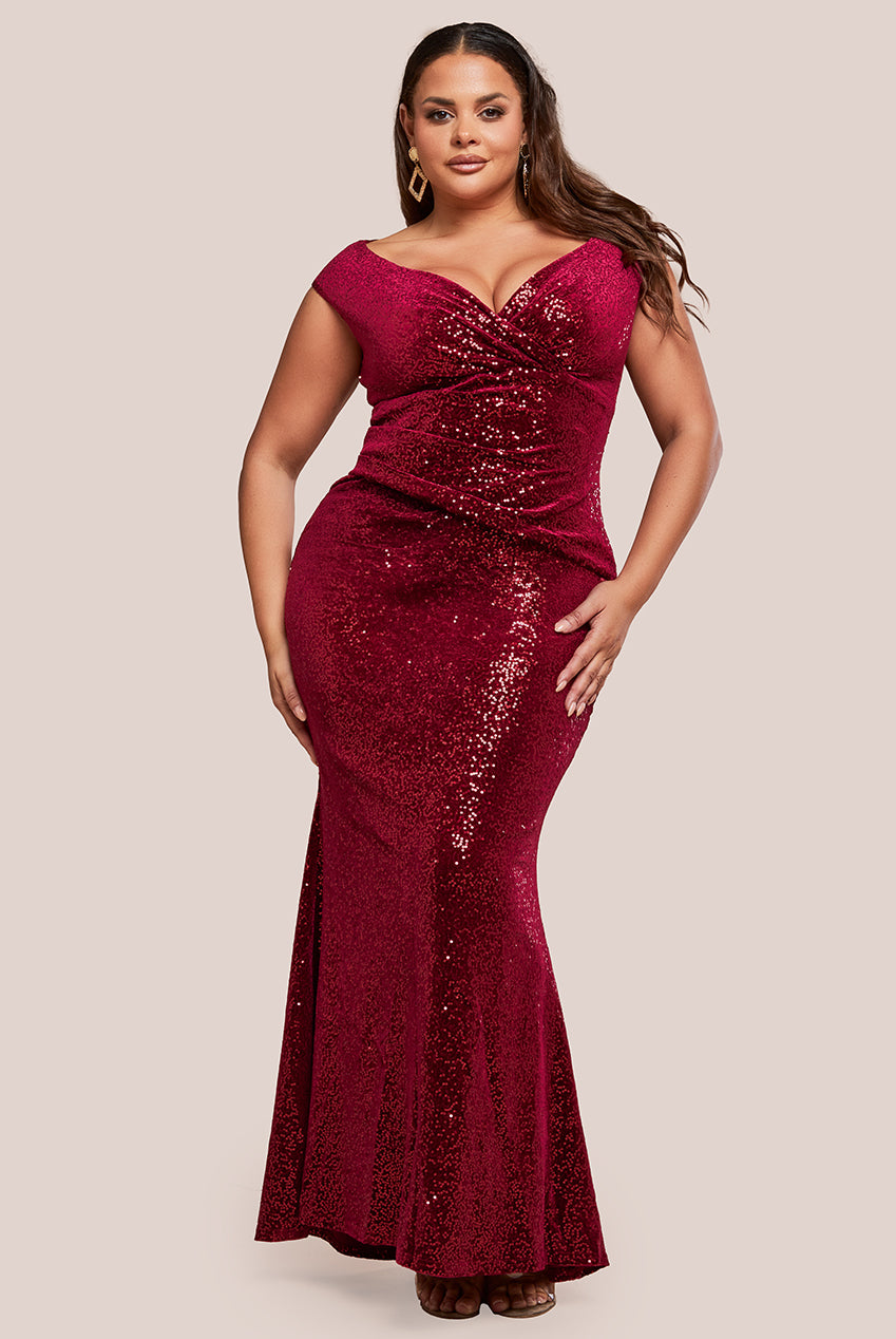 Sequin & Velvet Bardot Maxi Dress - Wine DR3623P