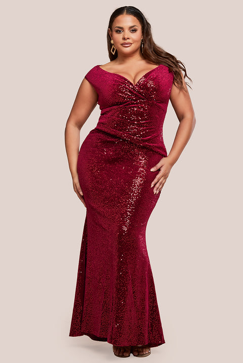 Sequin & Velvet Bardot Maxi Dress - Wine by Goddiva Plus