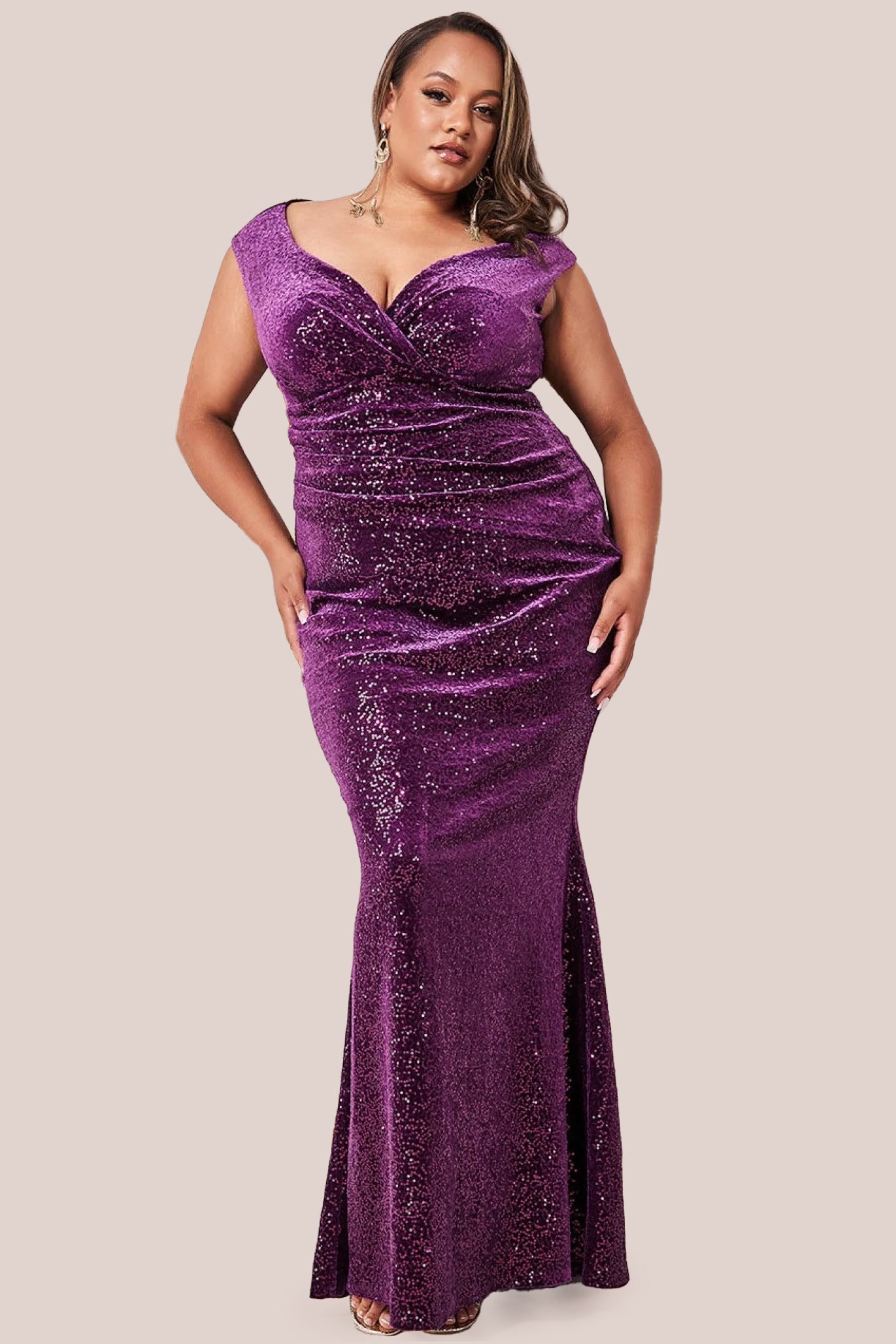 Sequin & Velvet Bardot Maxi Dress - Purple DR3623P