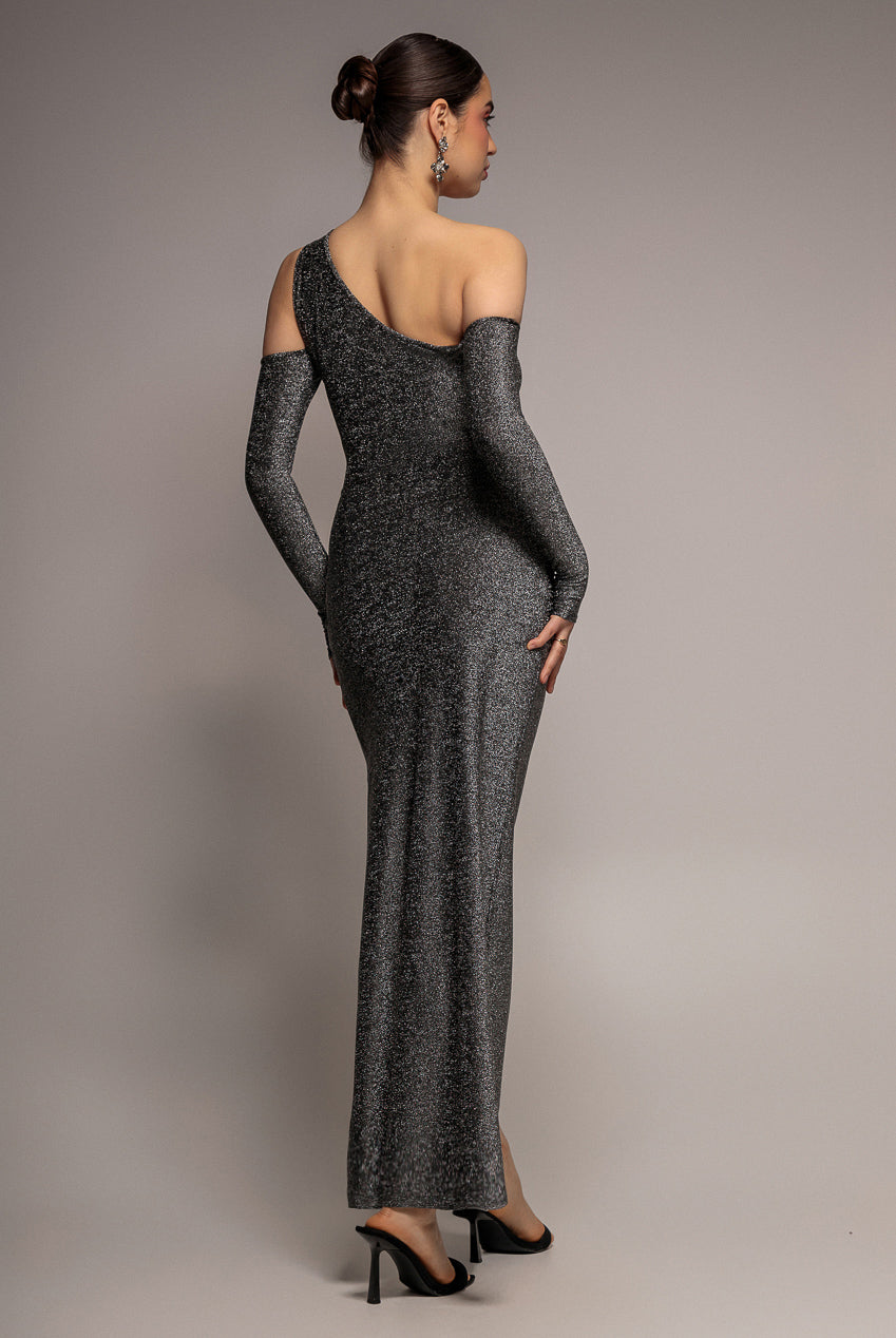 Cold Shoulder Lurex Maxi With Thigh Split - Silver DR3632