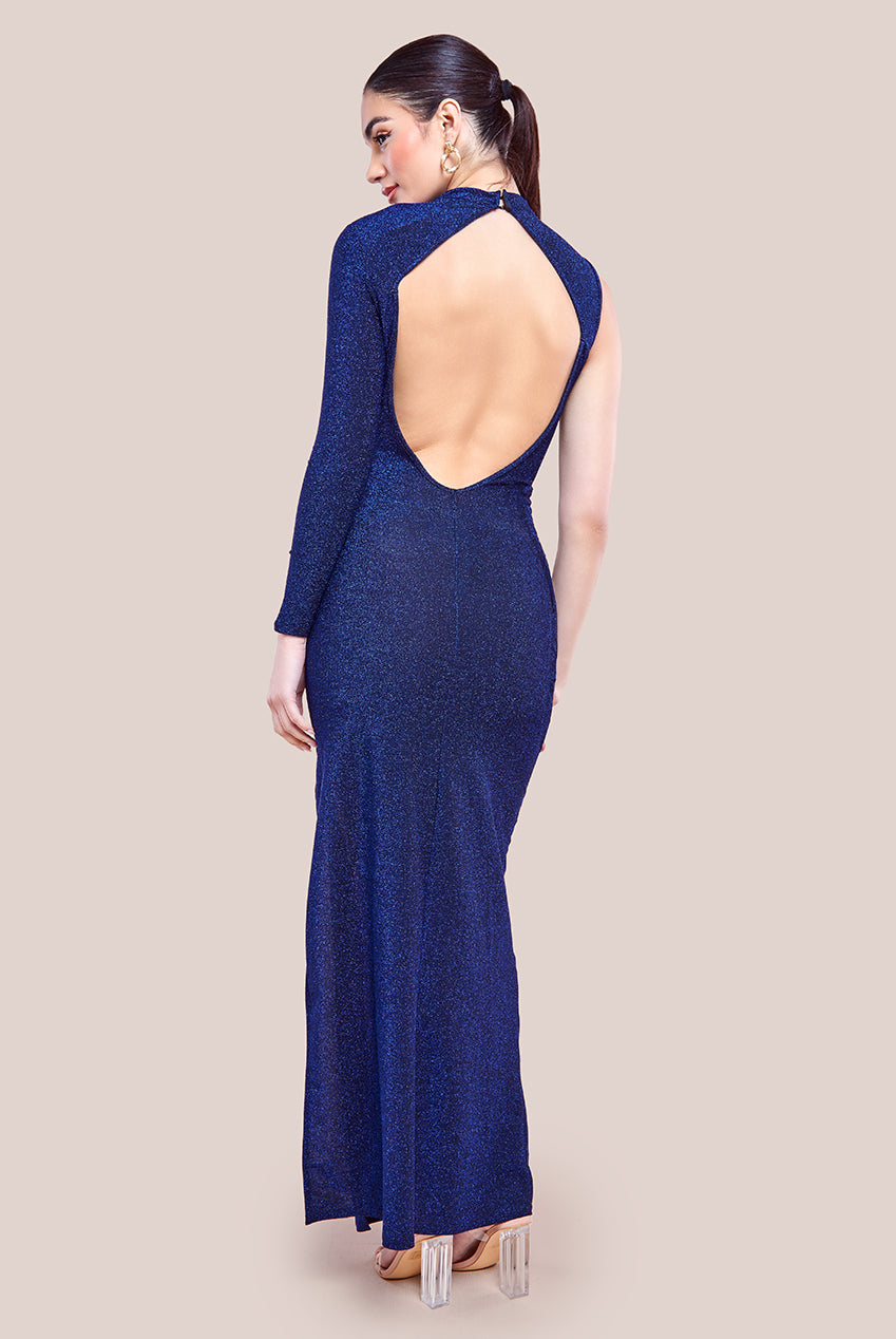 Open Lurex Back One Sleeve Maxi Dress - Royal Blue DR3633