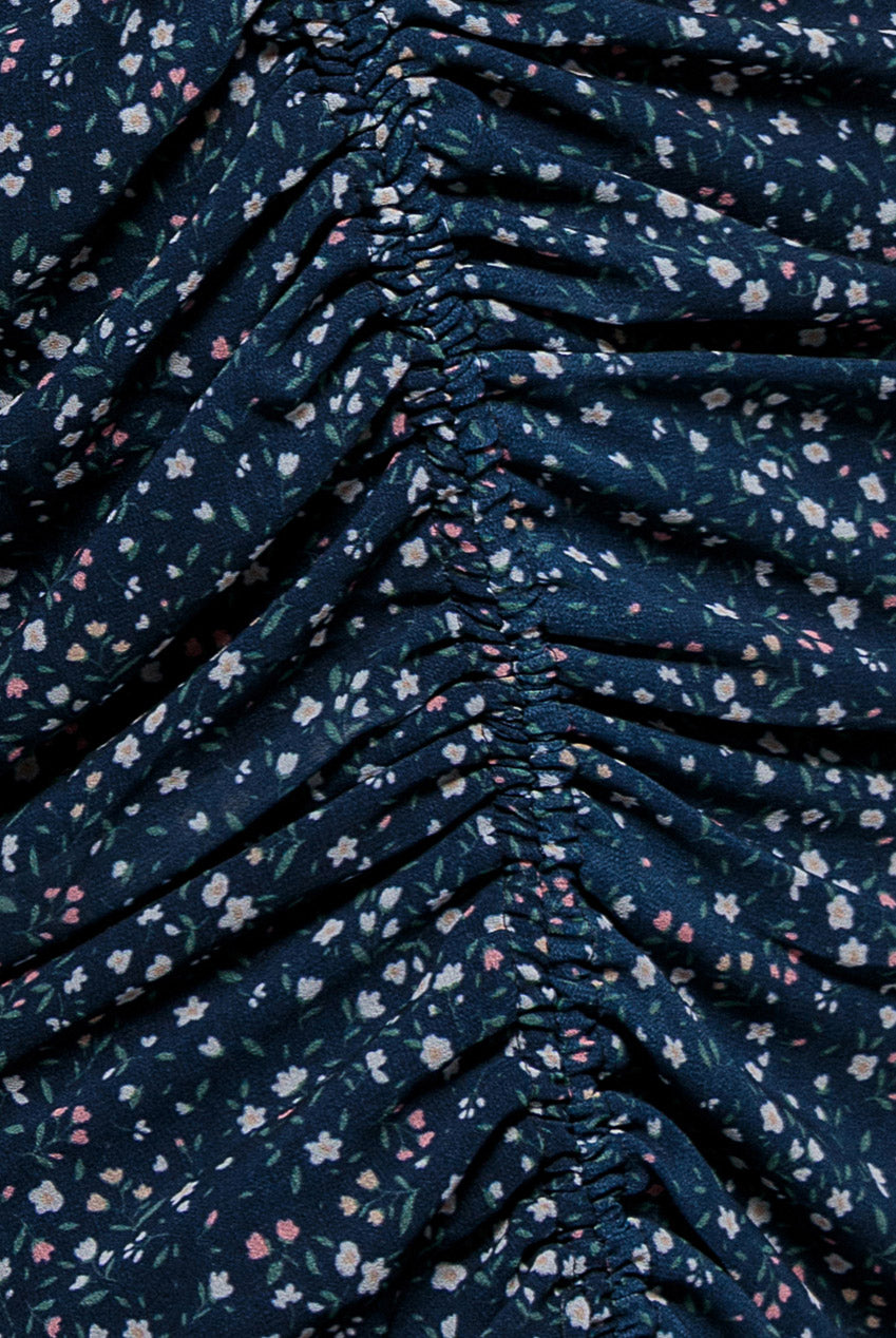 Printed Long Sleeve Drawstring Midi Dress - Navy Print DR3639