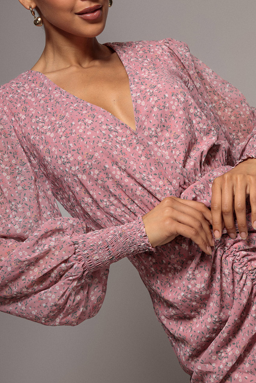 Printed Long Sleeve Drawstring Midi Dress - Dusky Pink DR3639
