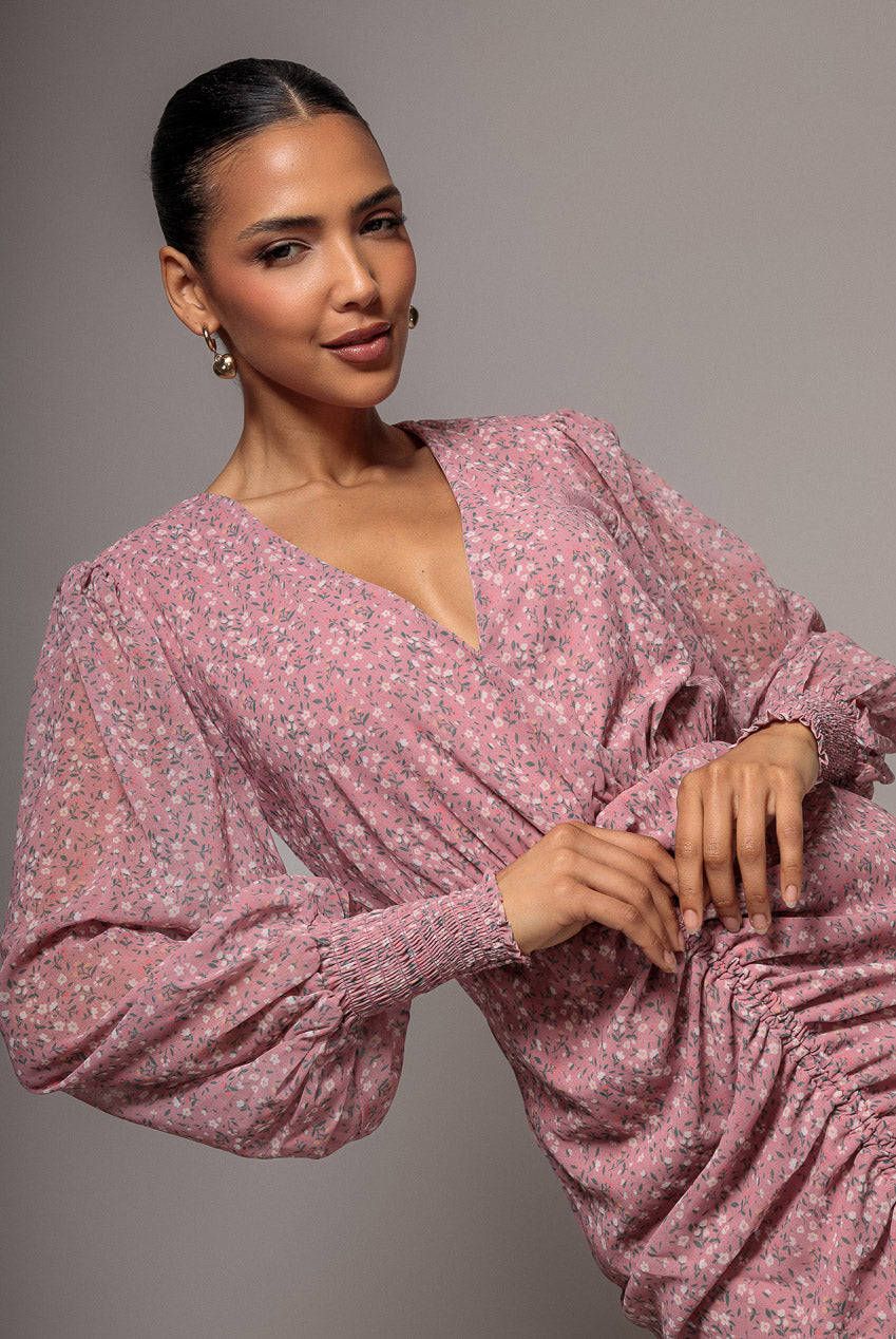 Printed Long Sleeve Drawstring Midi Dress - Dusky Pink DR3639
