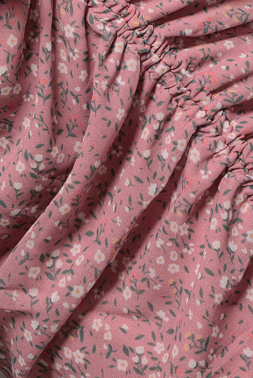Printed Long Sleeve Drawstring Midi Dress - Dusky Pink DR3639