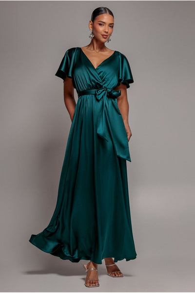 Satin Flutter Sleeve Wrap Maxi Dress - Emerald Green by Goddiva