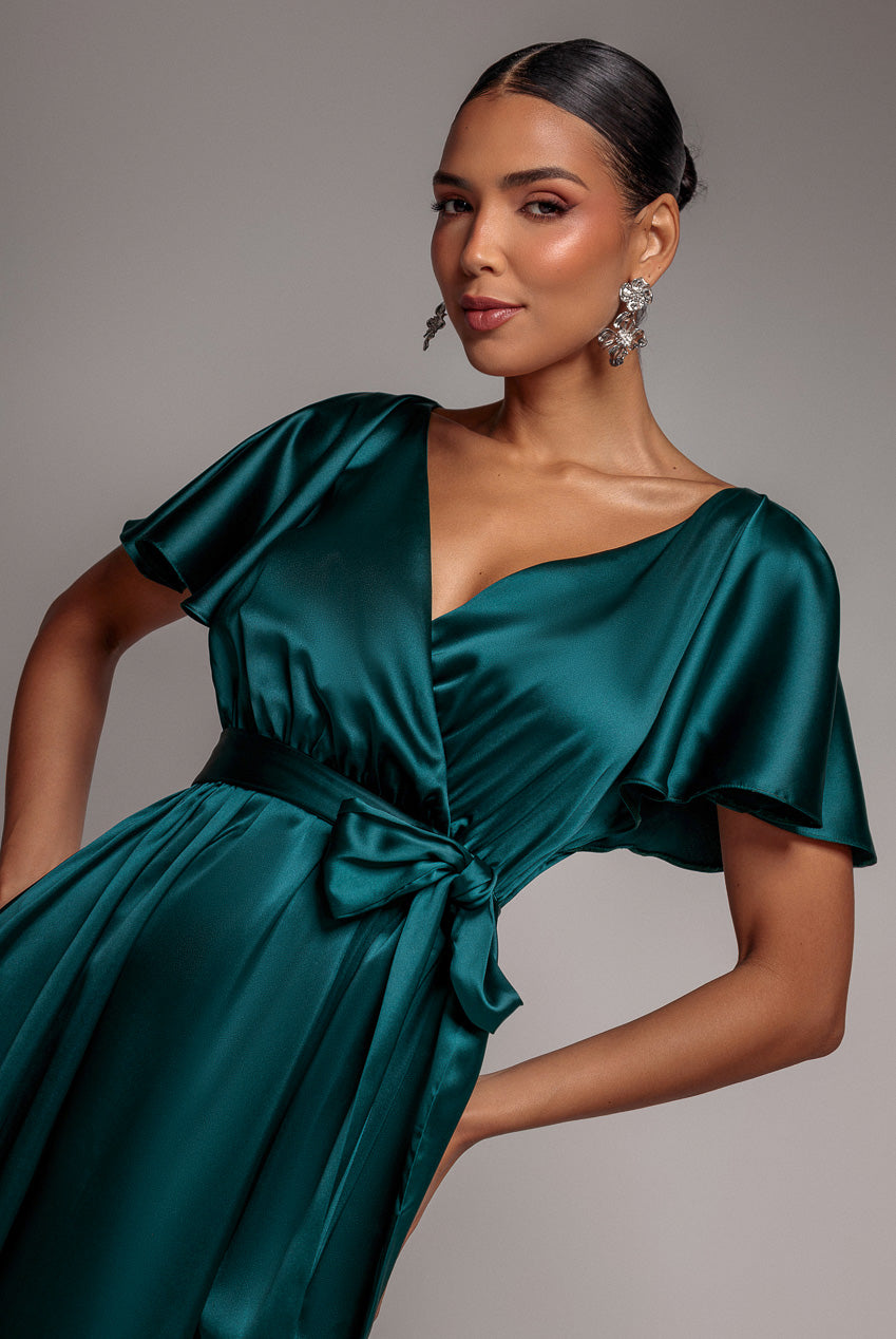 Satin Flutter Sleeve Wrap Maxi Dress - Emerald Green DR3640
