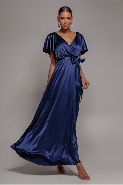Satin Flutter Sleeve Wrap Maxi Dress - Navy Blue by Goddiva